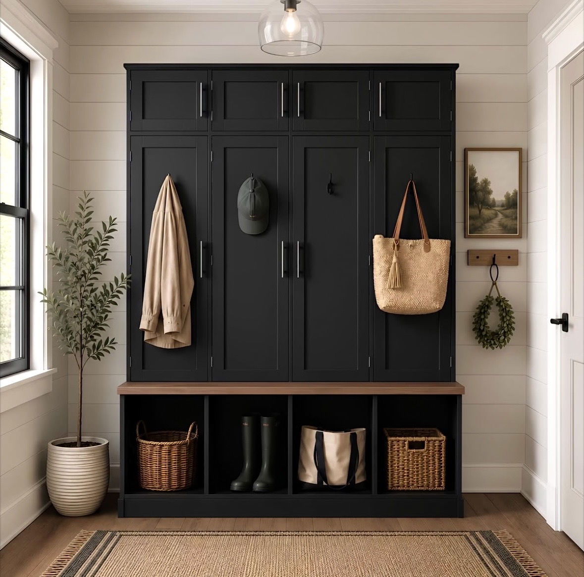 Black shaker mudroom cabinets with walnut bench and open shoe cubbies