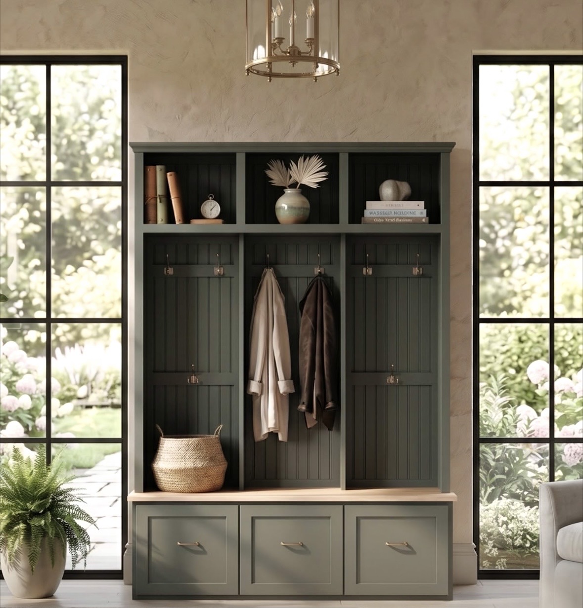 Sage green mudroom lockers with beadboard back panels and drawer bench