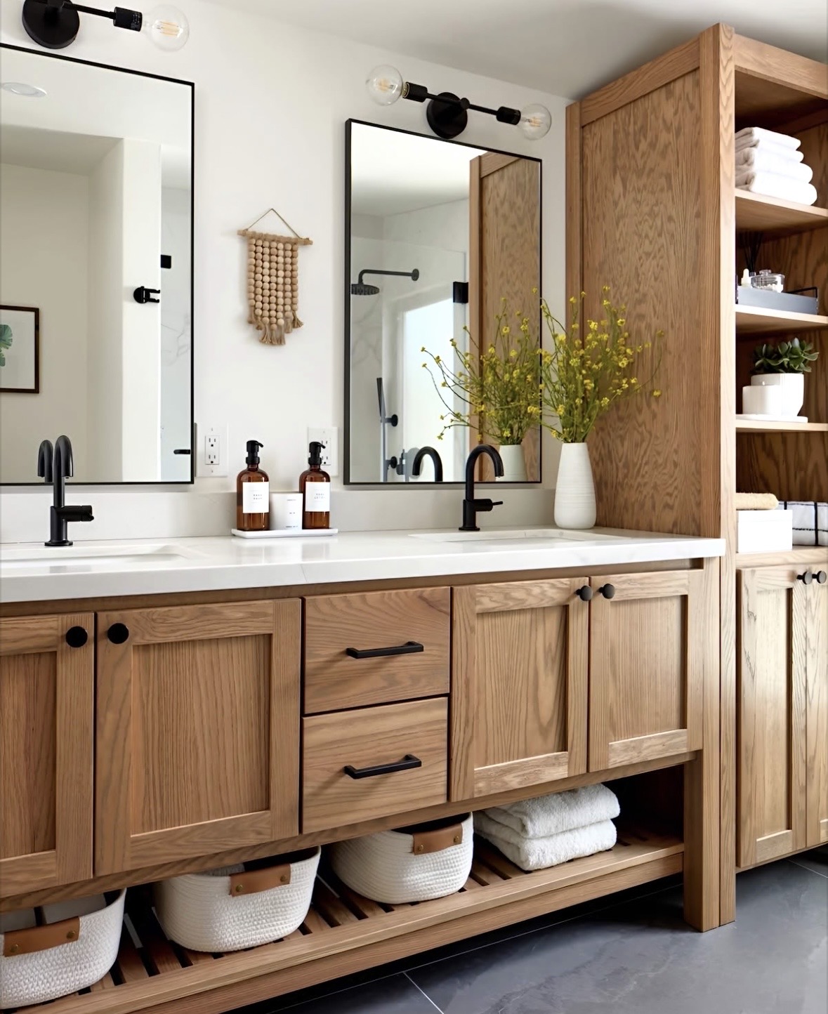 White oak double vanity with open shelving and matte black fixtures