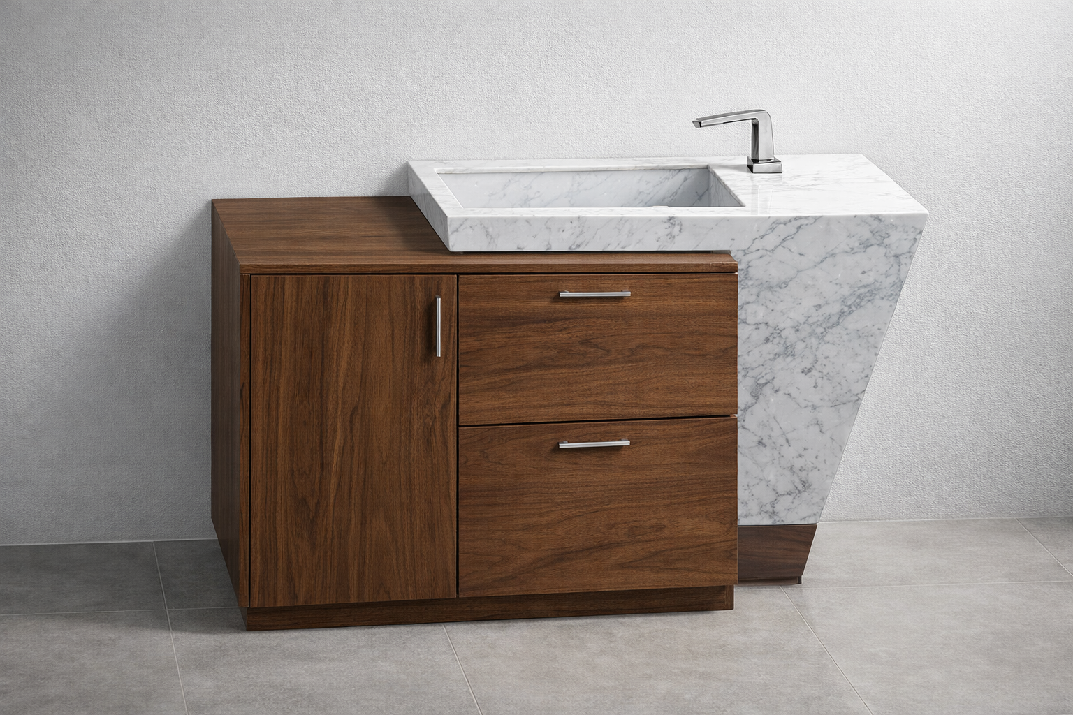 Walnut floating vanity with sculpted Carrara marble sink