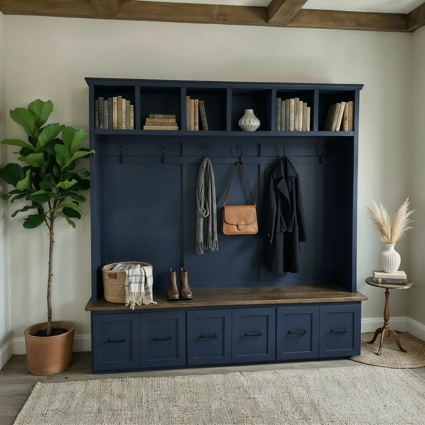 Navy blue mudroom built-in with bookshelf cubbies and drawer bench
